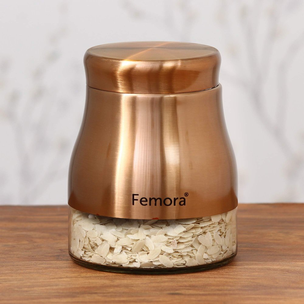Femora Copper Metallic Clear Glass Jars | See Through Bottom Jar | 1 Year Warranty | Airtght | Jars for Snacks, Fry Food, Masala, Spice, Pickles, Cookies |900 ML | Set Of 1 | Copper