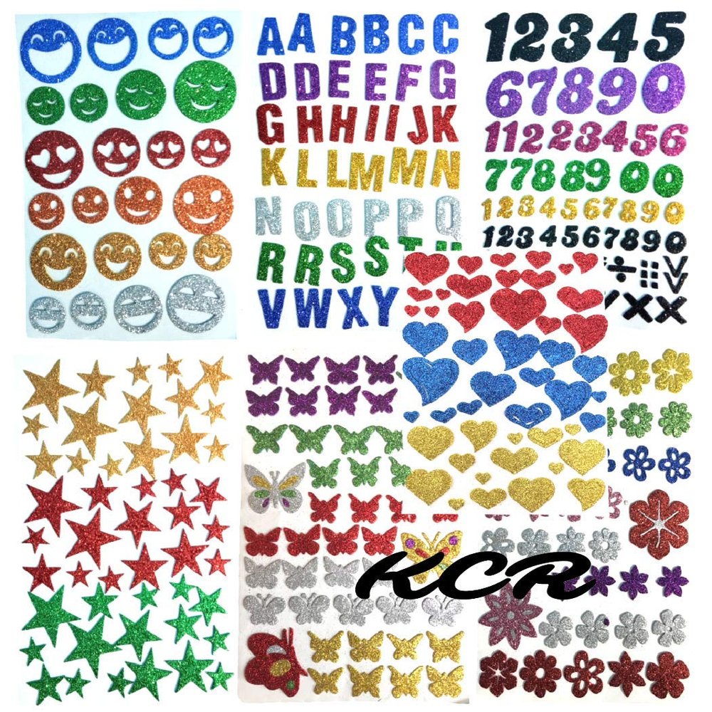 KCR Eva Foam Glitter Self Adhesive Alphabets, Butterflies, Stars, Numerics, Hearts, Flowers & Smileys Stickers for Kids Learning or Art & Craft (Set of 7)