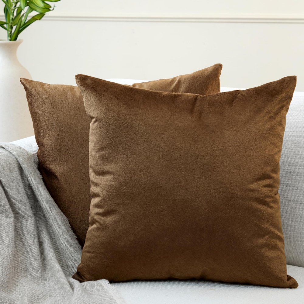 Encasa XO Velvet Throw Pillow Covers 16x16 in (40x40 cm) - Brown - No Inserts, Pack of 2 Cases | Solid Plain Dyed Soft & Smooth, Square Decorative Cushion Covers for Living & Bedroom