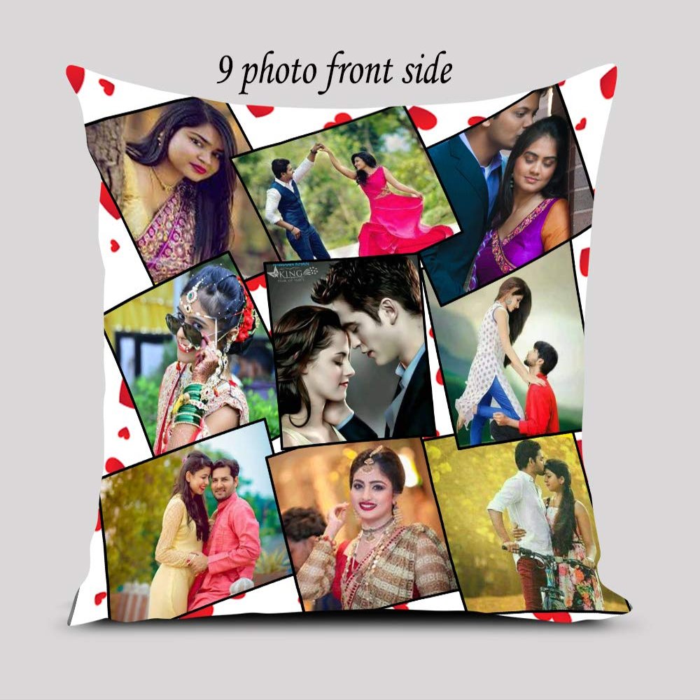 cuddlyprint White Satin Polyester 9 Photo Personalized Cushion/Pillow with Filler 16x16 inches