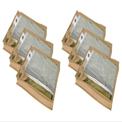 S4S Transparant View Non Woven Flower Design Attractive bow Saree Cover Bag, Cloth Cover (BROWN_Set of 6)