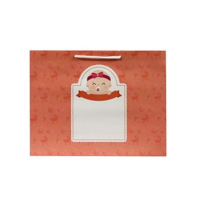 Flute Presents Beautiful Baby Shower Printed Peach Colour Eco Friendly Gift Paper Bag, Size 13 inch (H) x 10 inch (W) x 4 inch (Side), Pack of 10