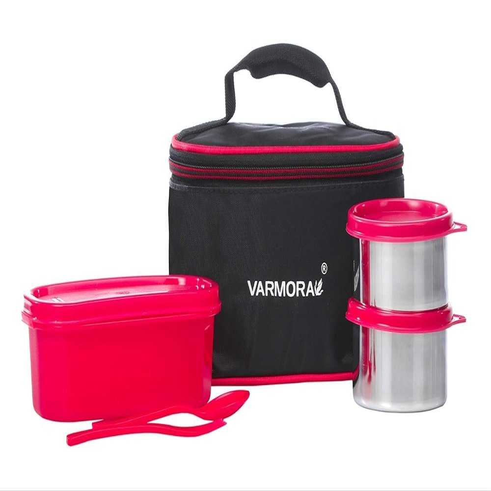 Varmora SS Duo Stainless Steel Lunch Box with 3 Airtight & Leak Proof Containers (240 ml-2 pc and Oval container-550 ml-1 pc) - Pink