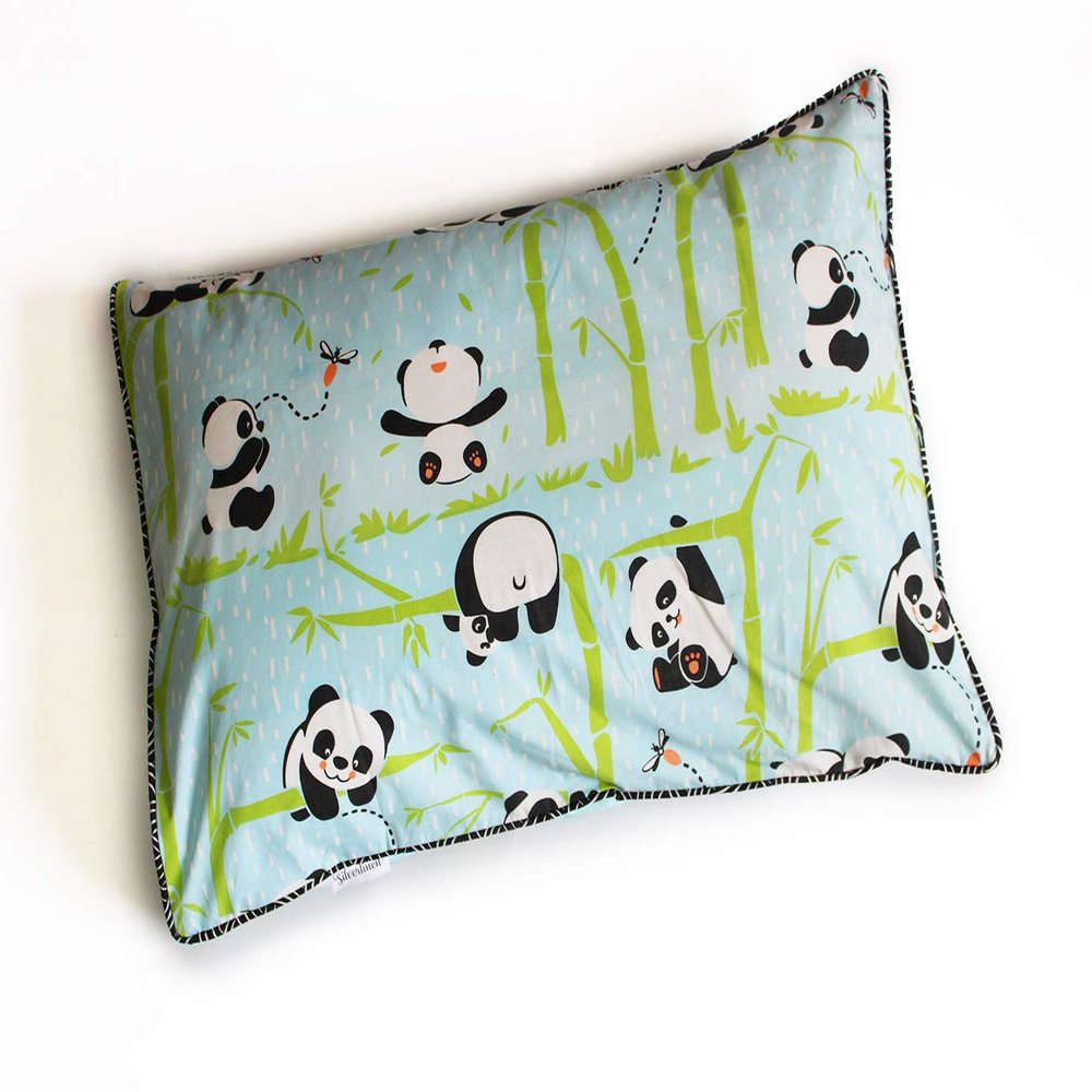 Silverlinen 100% Cotton Panda Village Single Pillow Cover with Piping for Kids Room for Boys and Girls (Pillow NOT Included) - Blue (Size: 18 x 27 Inches)