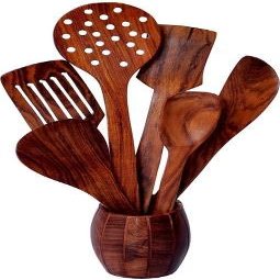 AR Handicrafts, Wooden Serving and Cooking Spoons Wood Brown Spoons Kitchen Utensil Set of 6