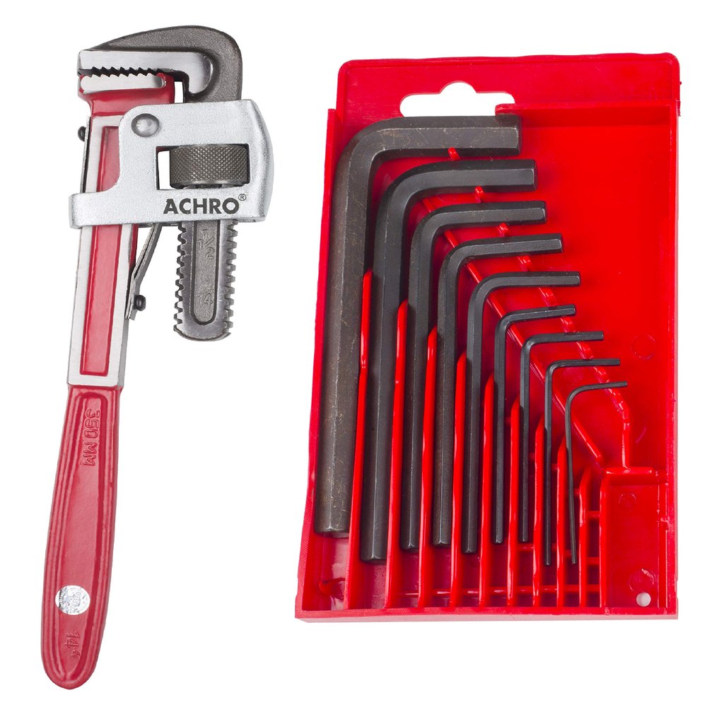 ACHRO 910 Universal Hex Tool Kit Pack of 2 (Contains - 14 Inch Heavy Duty Pipe Wrench + 9 Pcs Allen Key Set)