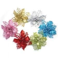 APSAMBR Artificial Glitter Fake Flower Merry Christmas Tree Decorations Ornament for Home (Multicolour) - 6 Pieces