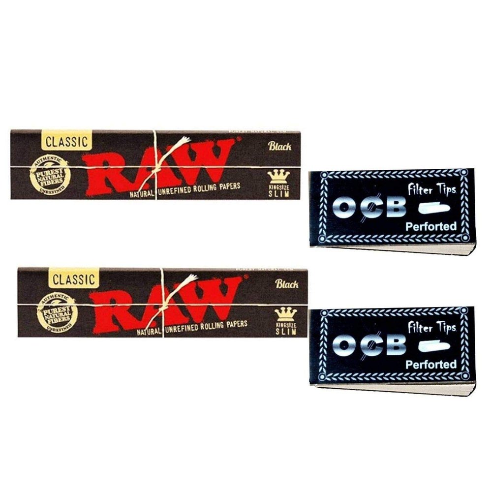 OutonTrip Pack of 2 Raw Premium Black Rolling Papers with 2 OCB filter tip/roach books| Set of 4