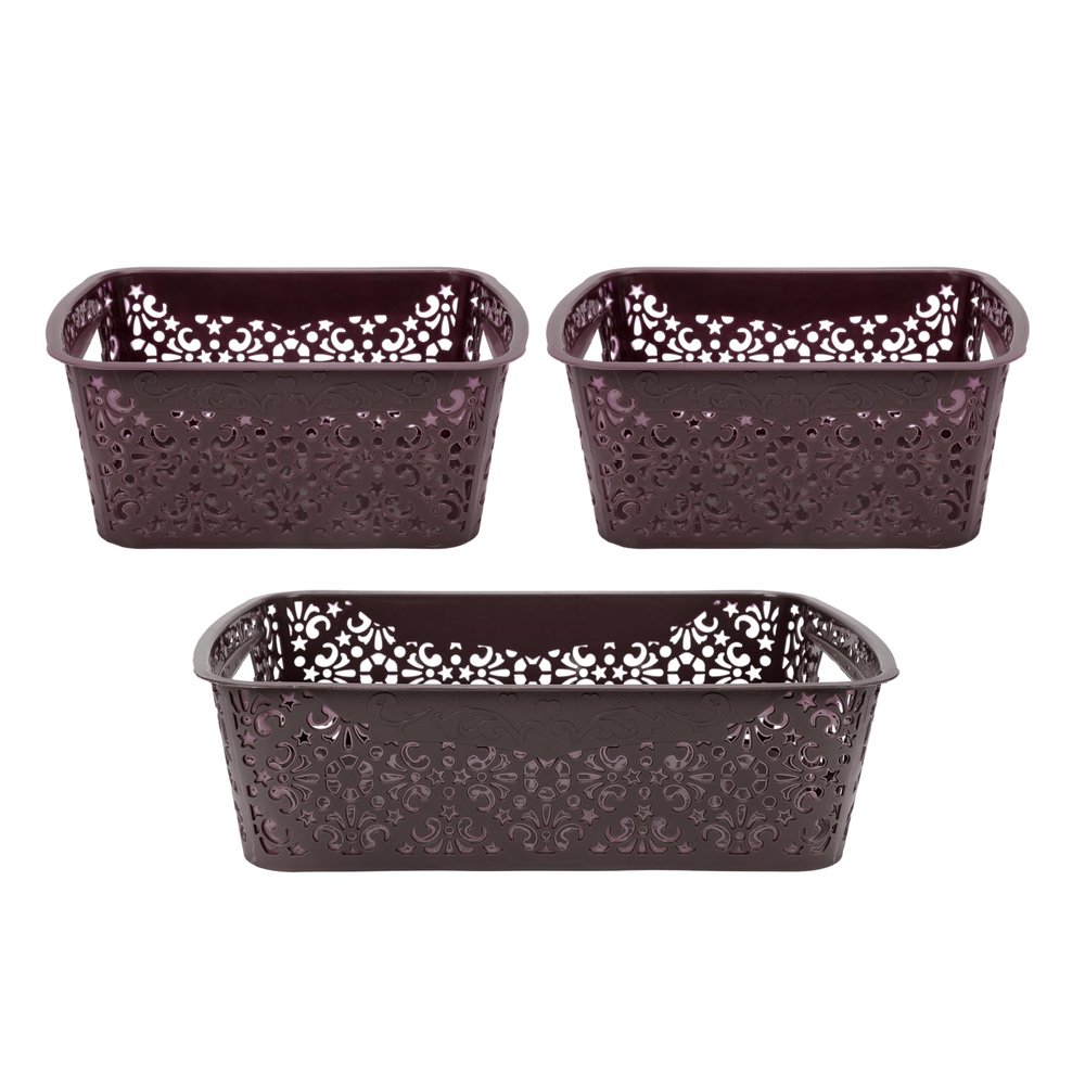 SIMPARTE Turkish Basket Small and Medium Plastic Organizer Durable with Handles for Kitchen, Wardrobe, Bathroom Multipurpose for Clothes, Books, Toys (Set of 3, Brown)