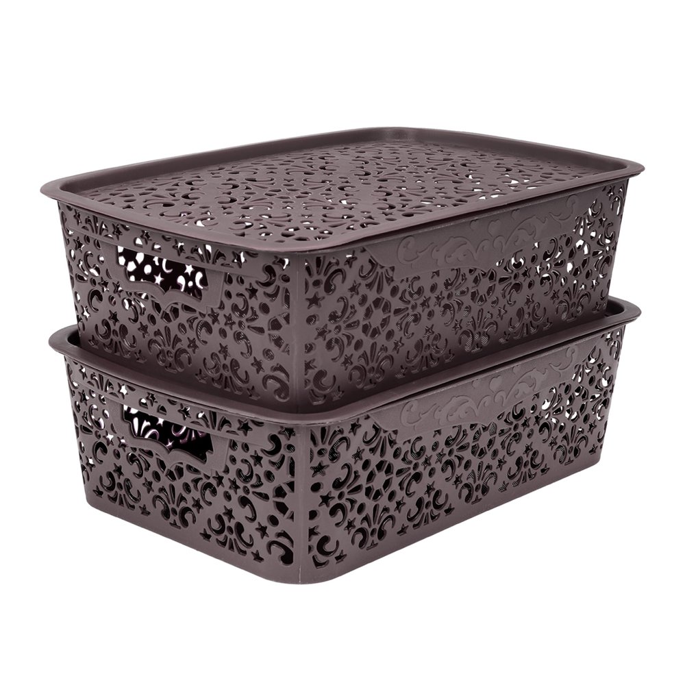 SIMPARTE Turkish Basket Medium Durable Plastic Storage Organizer with Lid & Handles for Closet, Kitchen, Office  Multipurpose for Pantry, Toys, Clothes (Set of 2, Brown)