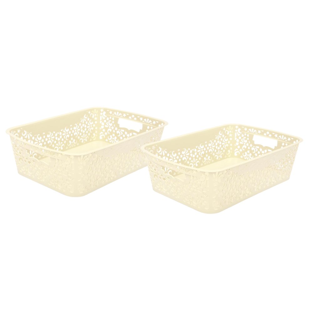 SIMPARTE Turkish Basket Medium Plastic Organizer Durable with Handles for Closet, Bathroom, Kitchen  Multipurpose Storage for Toys, Pantry Items, Clothes (Set of 2, Cream)