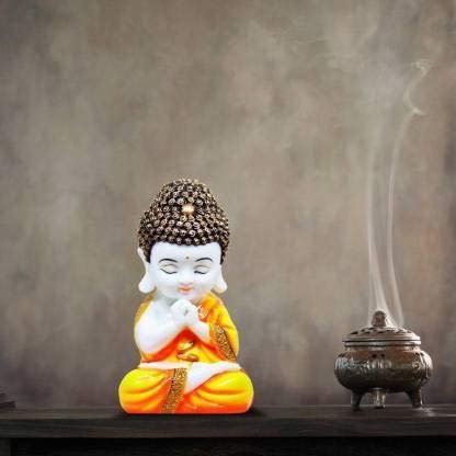 GW Creations Handcrafted Meditating Little Baby Monk Decorative Showpiece Decorative Showpiece - 20 cm (Polyresin, White, Orange)