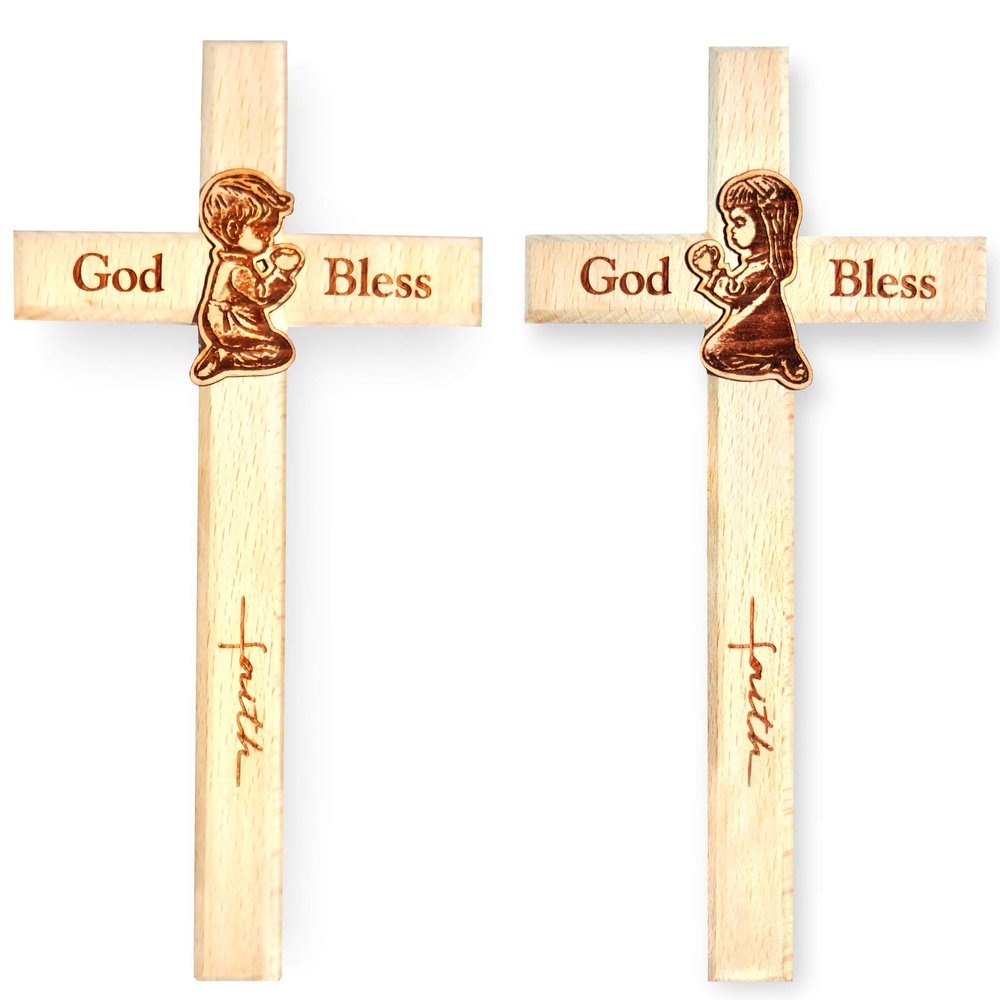 Incredible Gifts India Engraved Wooden Boy & Girl Faith Cross for Christmas (Set of 2, 8x4in)