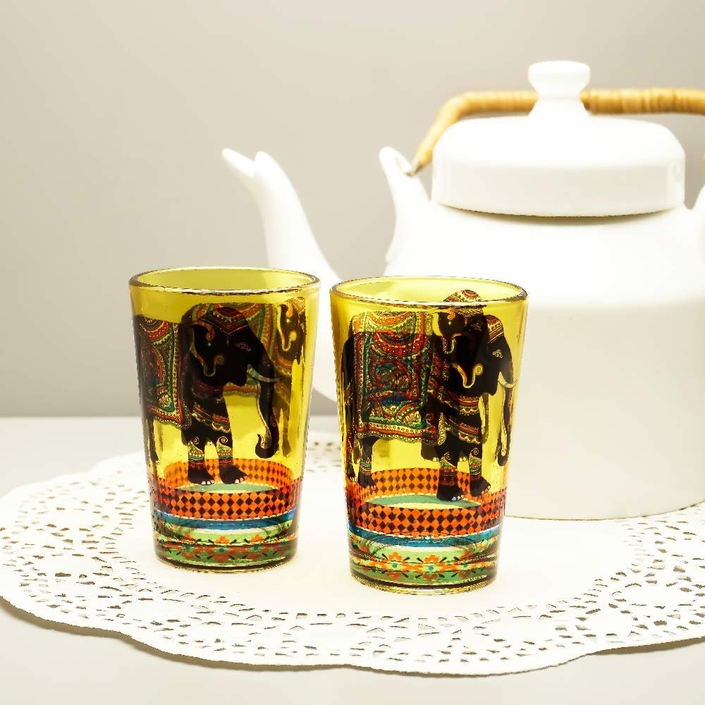 KOLOROBIA Elephant Majesty Chai Glass/Tea Glass, Flame Proof, Microwave & Dishwasher Safe | for Daily Use & Gifting, 200 ML (Set of 2)