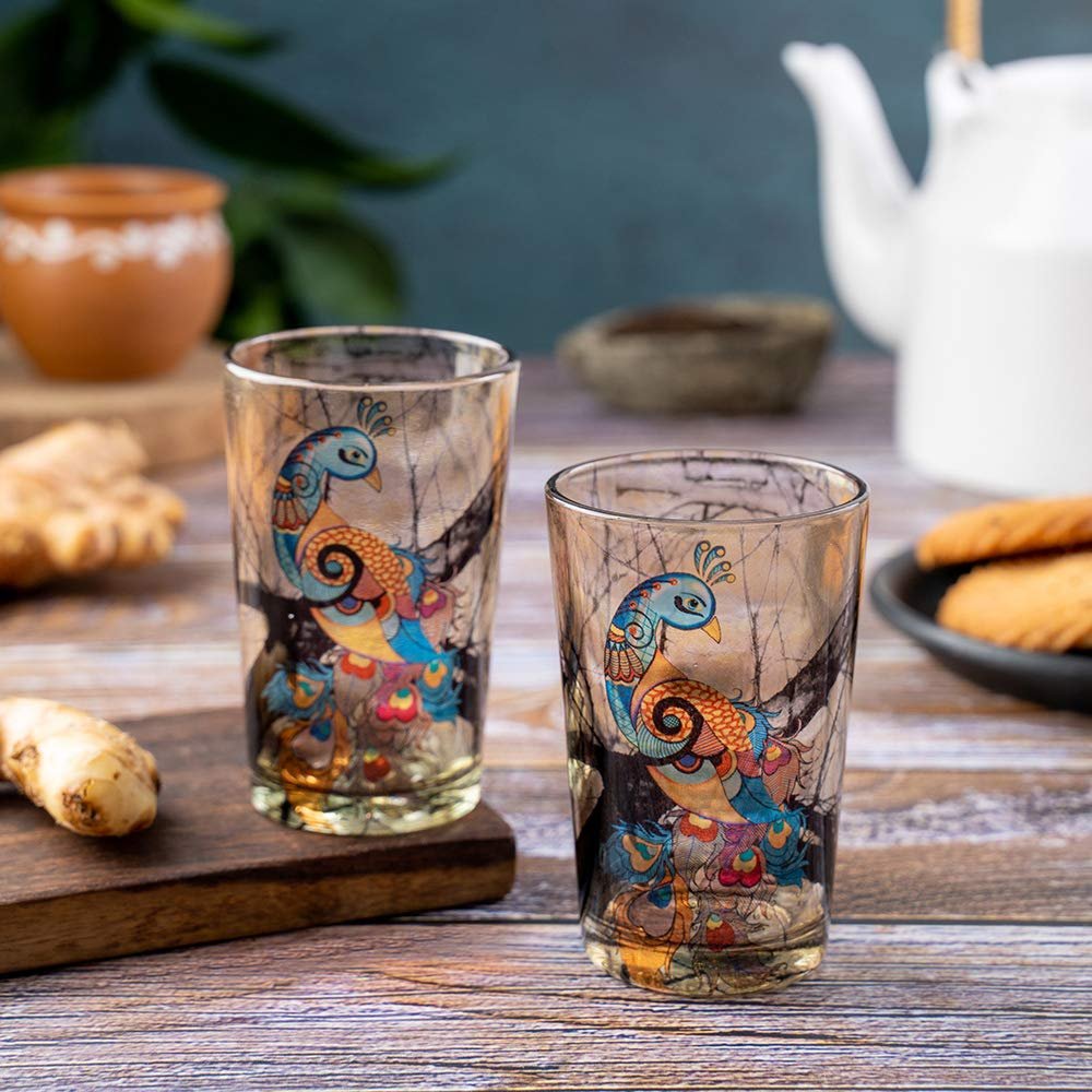 KOLOROBIA Charismatic Peacock Chai Glass/Tea Glass, Flame Proof, Microwave & Dishwasher Safe | for Daily Use & Gifting, 200 ML (Set of 2)