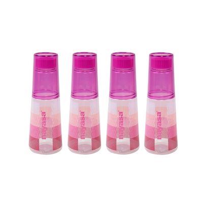 Nayasa Plastic PET Water Bottle With Glass 1000ml (PINK, 4PC)