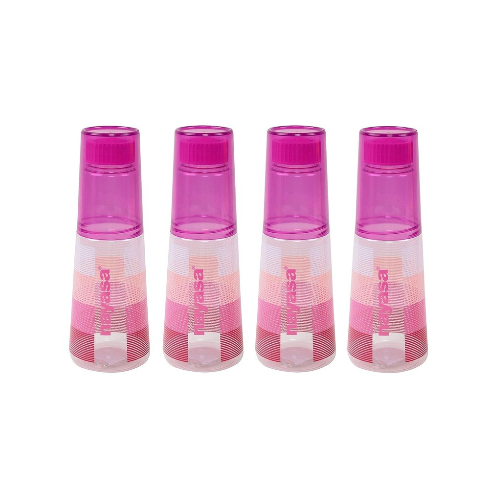 Nayasa Plastic PET Water Bottle With Glass 1000ml (PINK, 4PC)