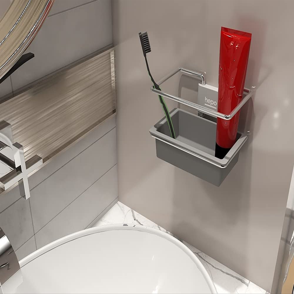 Hepo Stainless Steel Bathroom Tooth Brush Holder Stand Storage Organizer, 1 Tooth Brush Holder | 1 Plastic Tray | 1 Cover Cap |3 Wall Fixing Screws (Grey, 150x100x70 mm) Set of 1