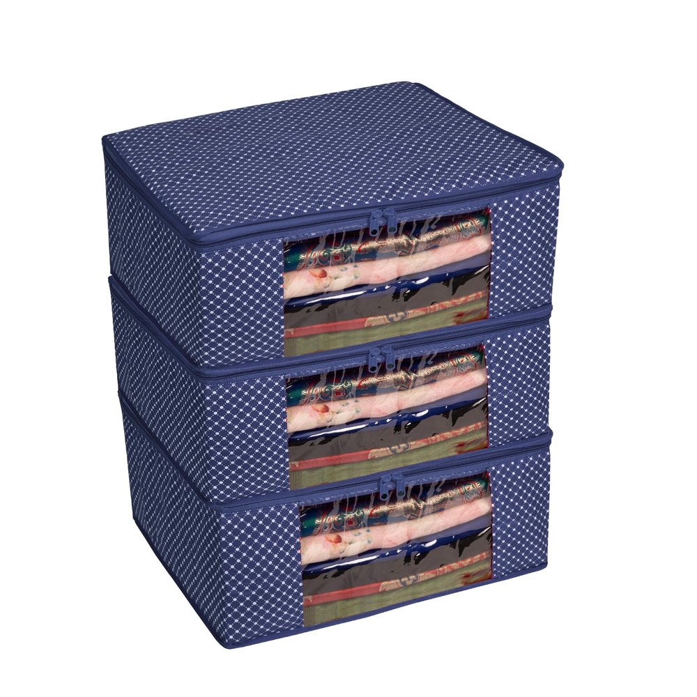 Homestrap Set of 3 Cotton Quilted Saree Covers | 3-Layered Foldable Storage Bags with Transparent Window & Zip | Premium Wardrobe Organizer for Sarees, Lehengas, Dresses | Navy Blue