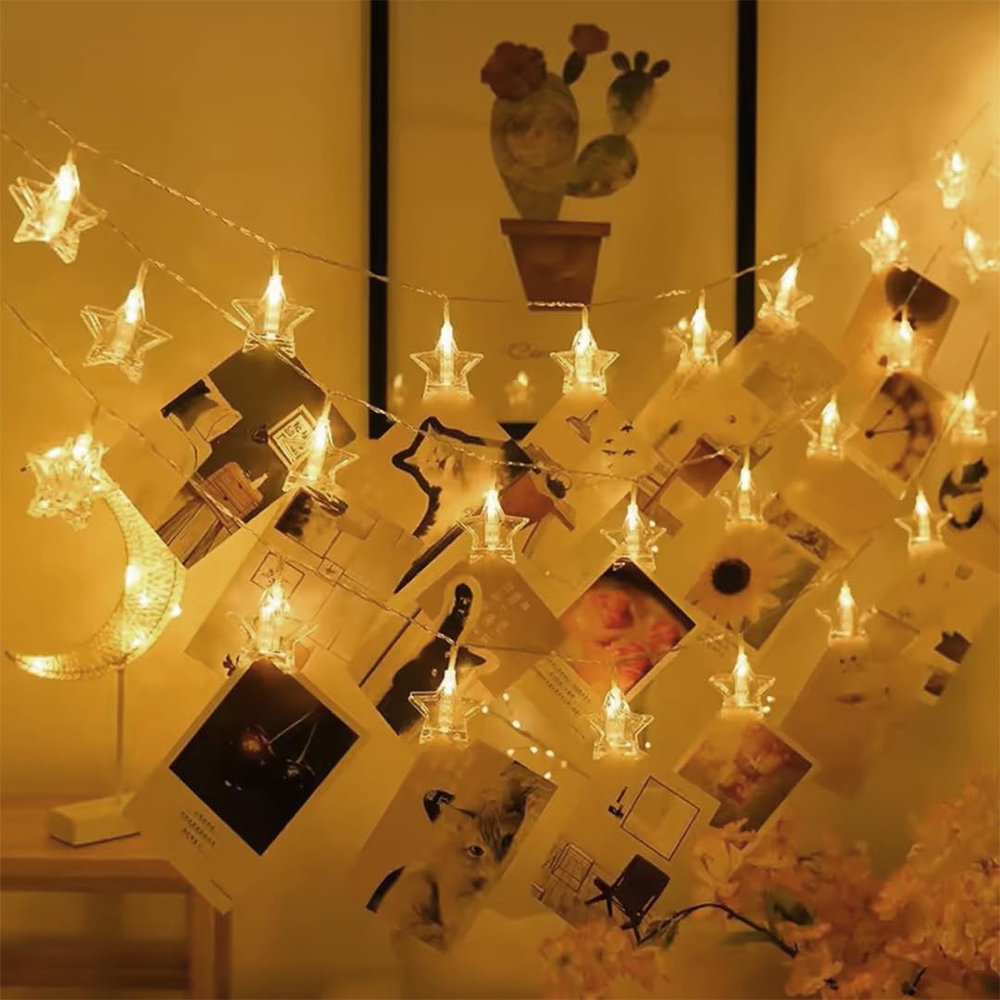Star Clip String Lights 3 Meter, 14 LED Warm White Decorative Photo Clip Fairy Lights for Bedroom, Parties,Light for Diwali, Christmas, Weddings & Home Decoration (star clip 14 led 3 meter, Pack of 1)