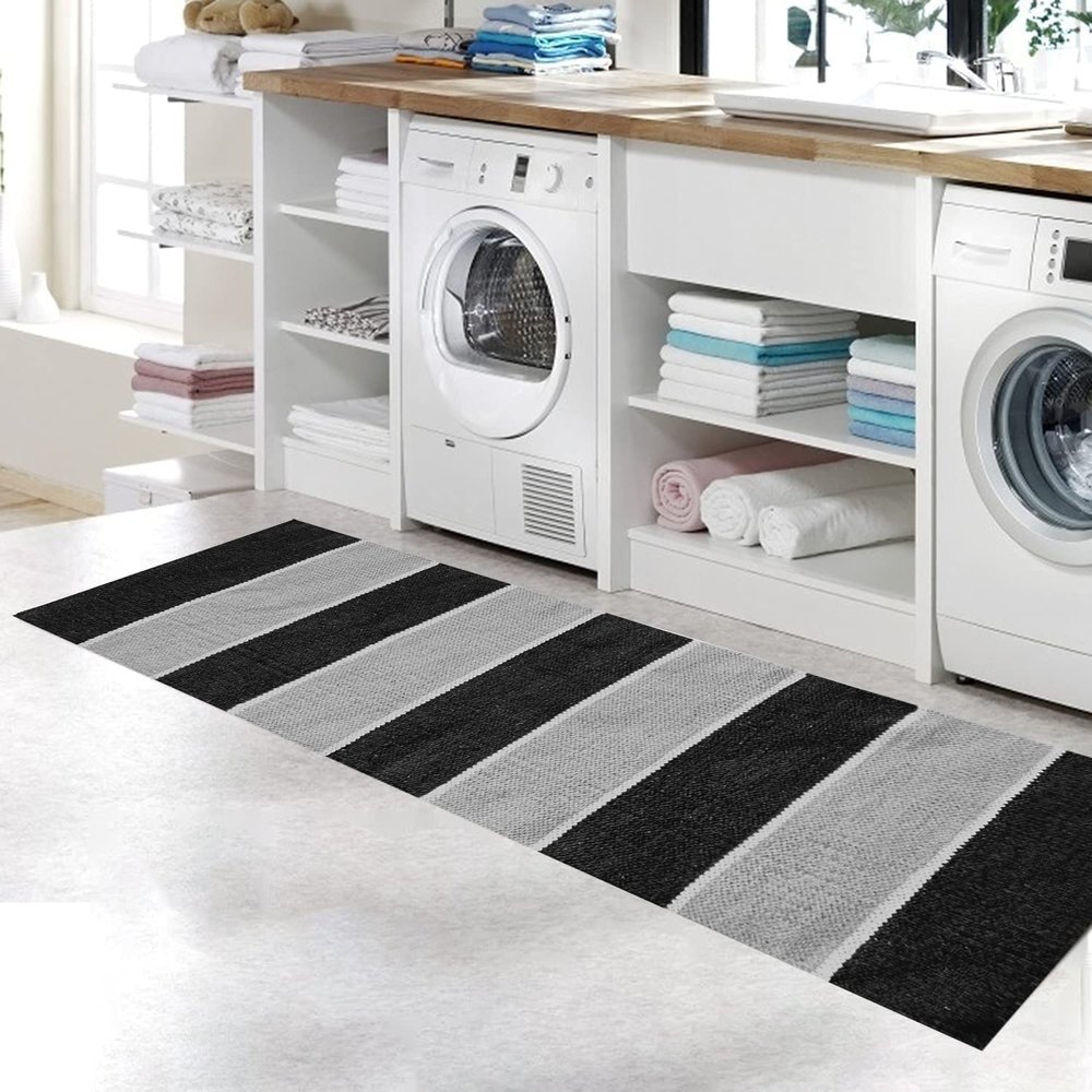 Gleam Soft Cotton Floor Runner  Multi-Purpose Rug (50 x 130 Inch) | Anti-Slip, Durable & Washable | Black & Grey
