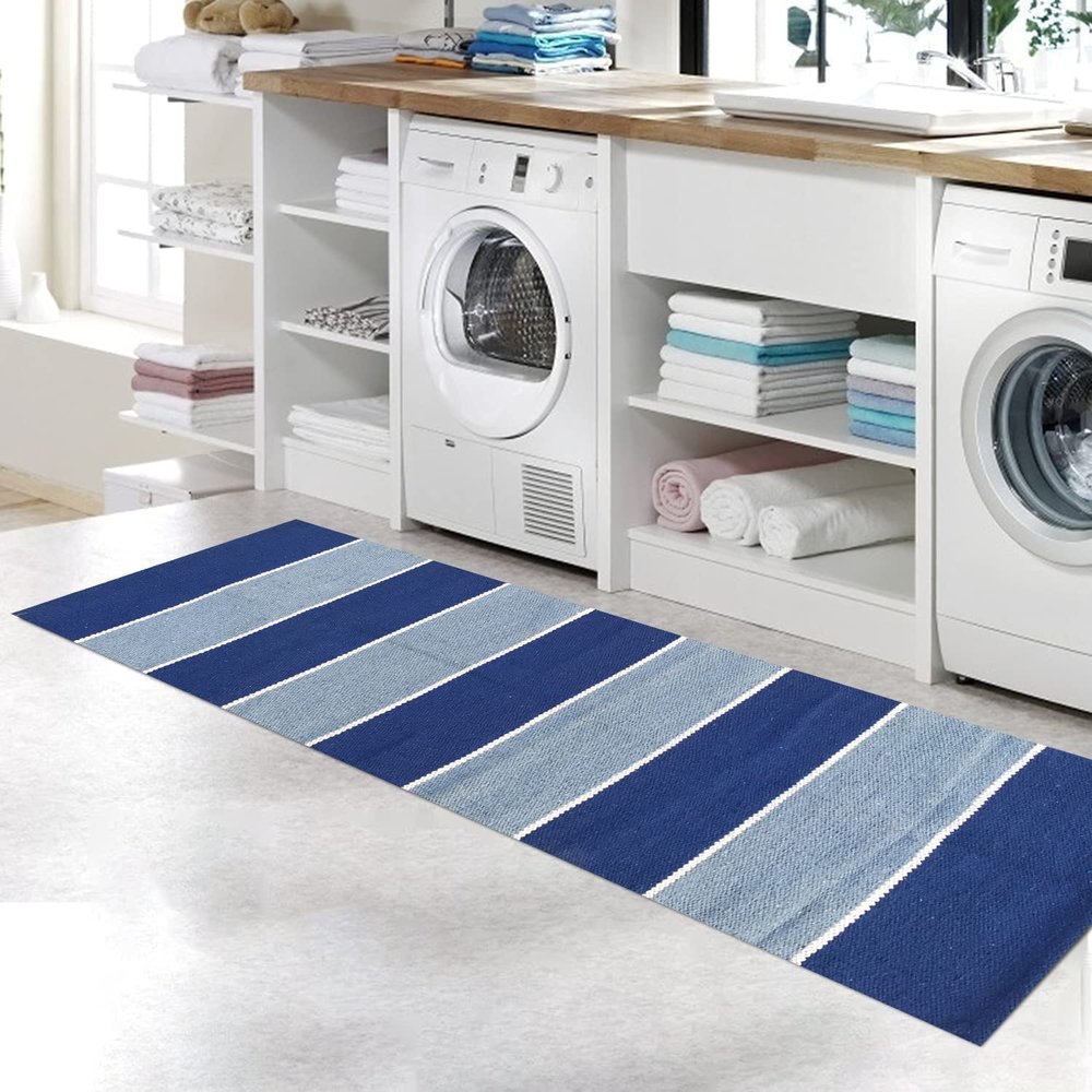Gleam Soft Cotton Multi Purpose Floor Runner,(Size- 50 x 130 Inch), Multi (Blue & Sky Blue)