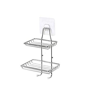 Killerzone Wall Mounted Double Layer soap Dish Holder & Dispensers, Self-Adhesive Stainless Steel Waterproof Kitchen Bathroom Soaps Storage Rack with Hook for Home