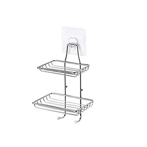 Killerzone Wall Mounted Double Layer soap Dish Holder & Dispensers, Self-Adhesive Stainless Steel Waterproof Kitchen Bathroom Soaps Storage Rack with Hook for Home