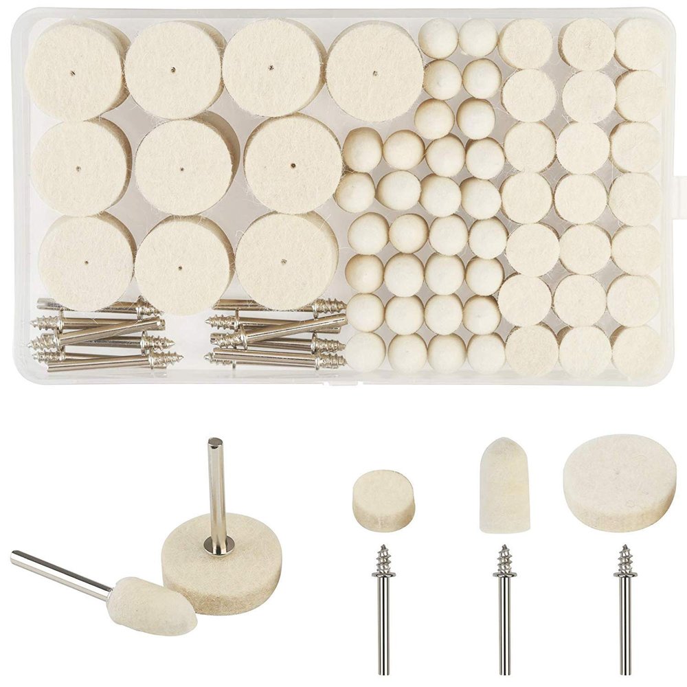 DIY Crafts Mix Wool Felt Polishing Pad and Ceramic 3 Pieces Felt Mounted Mandrel Set Grinding Head Buffing Wheel for Rotary Tools Jewelry; Glass; Metal (Pack Of 50, Off White)