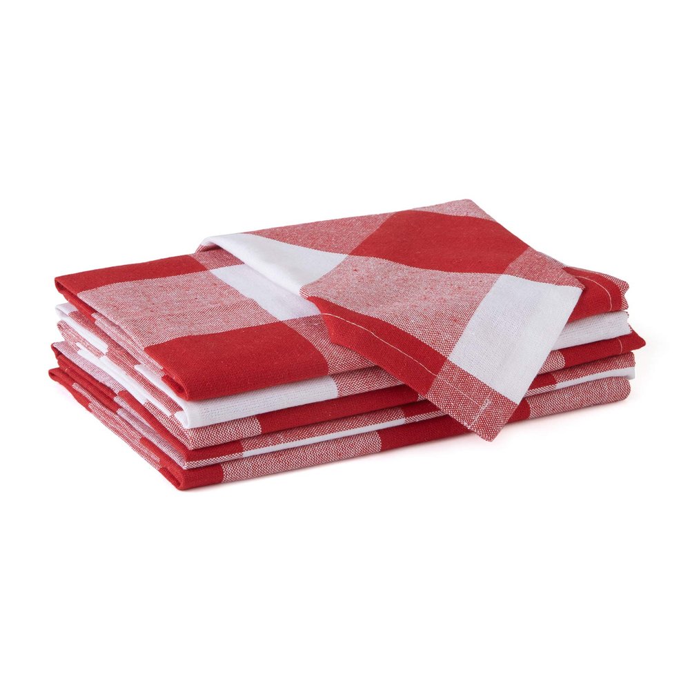 Encasa XO Dining Table Napkins Set of 6, 43x43 cm | Machine Washable Reusable, Recycled Cotton Cloth Napkin, Soft & Absorbent, Table Decor for Hotels, Farmhouse - White & Buffalo Red Checks