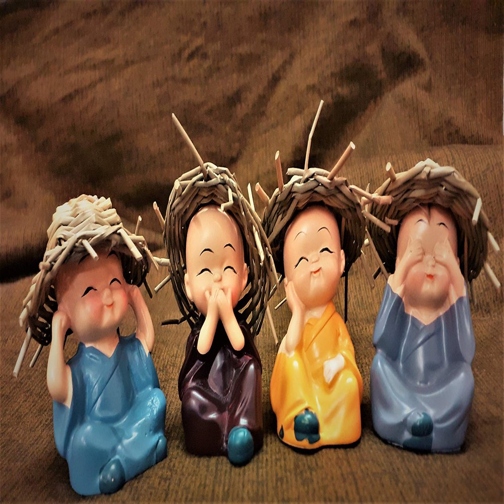 AFTERSTITCH Set Of 4 Monks With Spring Stand That Make Them Like Bobble Head. Idol For Valentines Day Gift, Home Office Decoration And Car Dashboard Accessories (Set Of Monk With Hat)