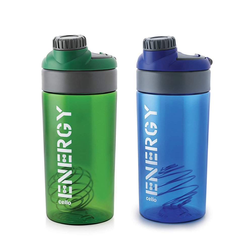 CELLO Energy Plastic Protein Shake Bottle | Flip top open| Leak Proof & Easy to clean | Gym Protein Shaker Bottle | 700ml, Set of 2, Assorted