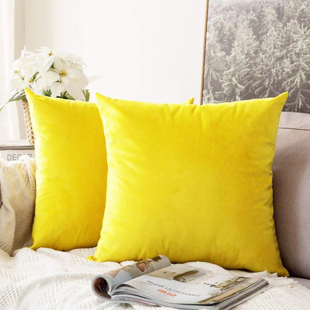 Khooti Decorative Velvet Square Cushion Cover Throw Pillow Cover for Living Room Couch Single Seater Sofa, Colourful Modern Small 12 x 12 Inches / 30 x 30 cm (Colour - Lemon Yellow)(Set of 2 Pieces)