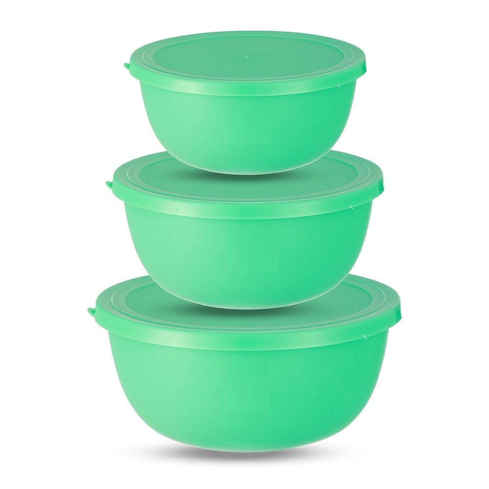 JENSONS Flora Microwave Safe Bowl |Serving Bowl with Lid, Mixing Bowl, Oven Bowl Set Microwave, Flora Stainless Steel Bowl Set of 3 with 600ml, 800ml, 1300ml-Green