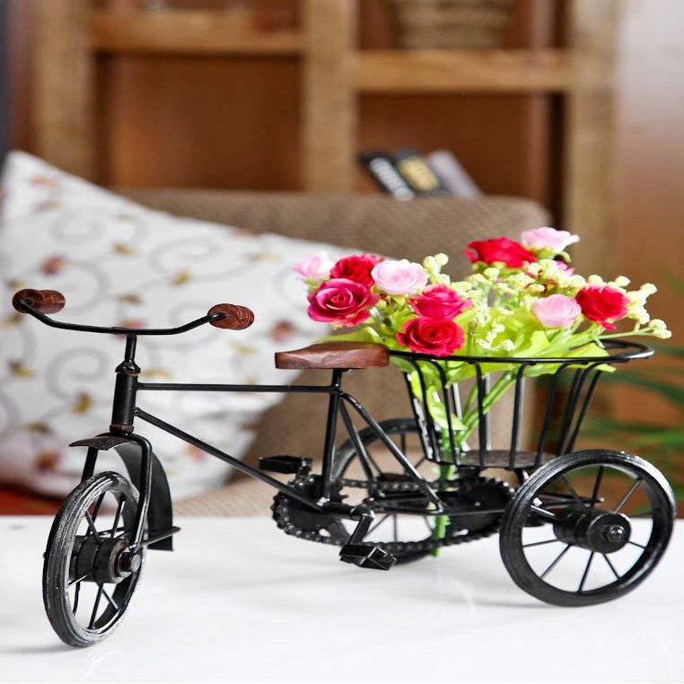 Roy Arts Wrought Iron & Wooden Home Decorative Cycle Rickshaw Stand - Black (Best Home Decor Product & Showpiece)