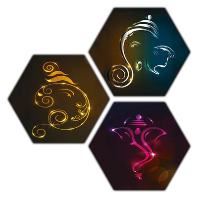 NavaHome Basics Xpression Decor MDF 6mm Pine MDF Hexagon Religious Painting of Lord Ganesha - 1045-(55 X 55cm, Multicolor, Set of 3 Piece, Medium)