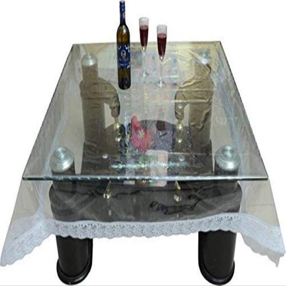 NavaHome Basics Kartikey PVC Waterproof 4 Seater Square Dining Table Cover Cloth Transparent with White Border Lace 60x60 inches, Standard (KHFPCWL_61_60x60)