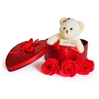 Khakee Artificial Heart Shaped Box And Teddy And 3 Pieces Soap Roses Flower Gift Box (Red)