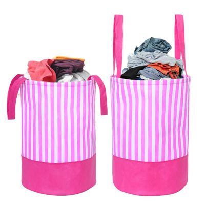 PrettyKrafts 45L Non Woven Stripe Printed Round Foldable Large Laundry Bag/Basket With Handles, Freestanding Clothes Storage Organizer for Bedroom, Bathroom, Dorm (36x36x45cm, Pink, Set of 2)