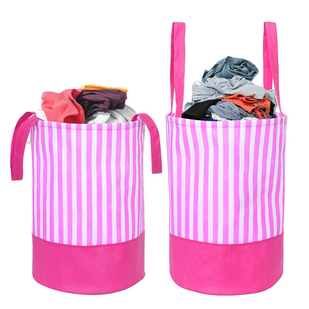 PrettyKrafts 45L Non Woven Stripe Printed Round Foldable Large Laundry Bag/Basket With Handles, Freestanding Clothes Storage Organizer for Bedroom, Bathroom, Dorm (36x36x45cm, Pink, Set of 2)