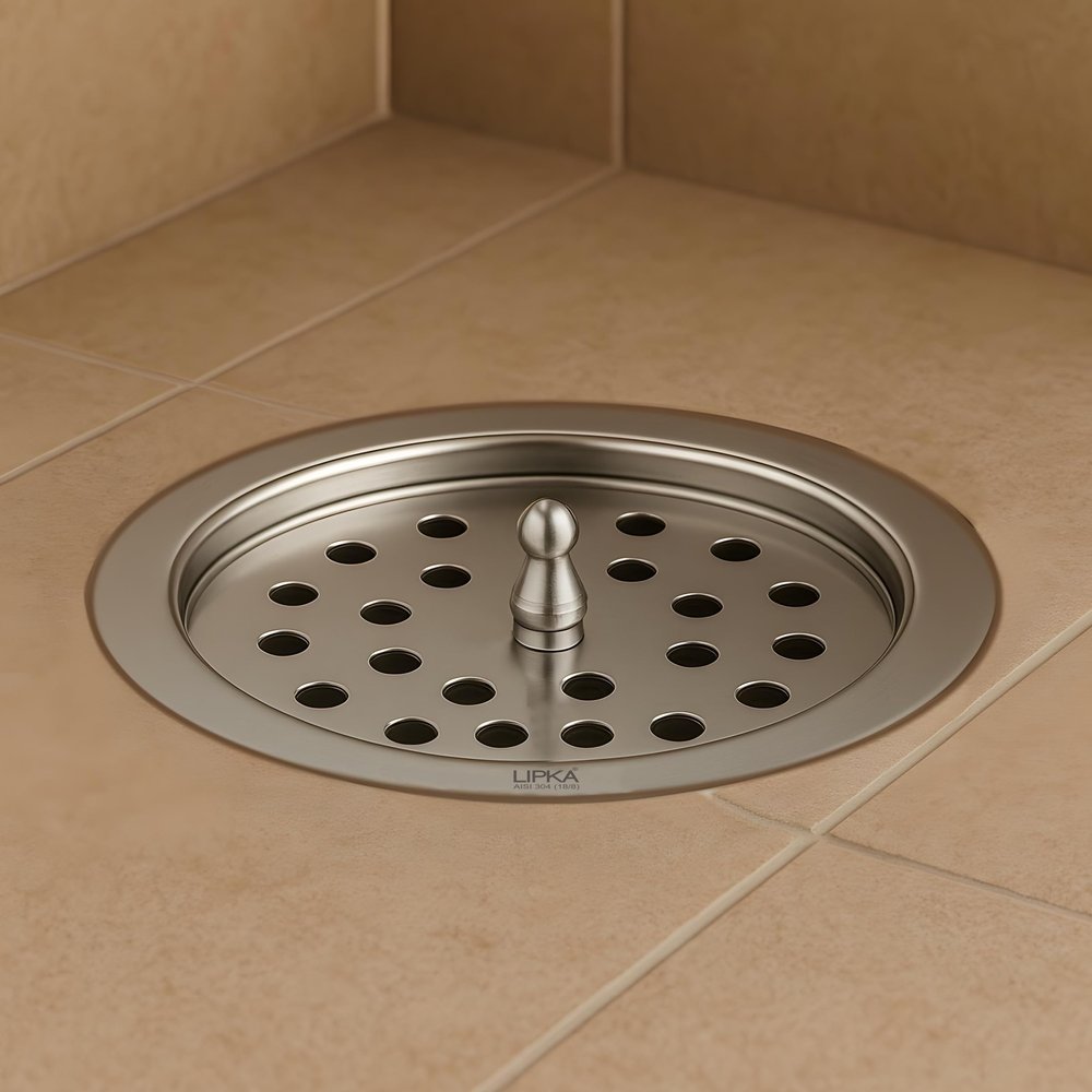 LIPKA Round Floor Drain | 304-Grade Stainless Steel Drain Jali | 4 Inches |Bathroom Floor Drainer with Cockroach Trap/Jali & Lid | Silver