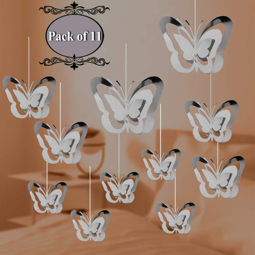 Jindal Party Products 3D Hanging Silver Butterfly Paper Garland Kit (Pack of 11) for Party, Happy Birthday, Anniversary, New Year Events, Home, Banquet Hall Events and Occasion Decorations