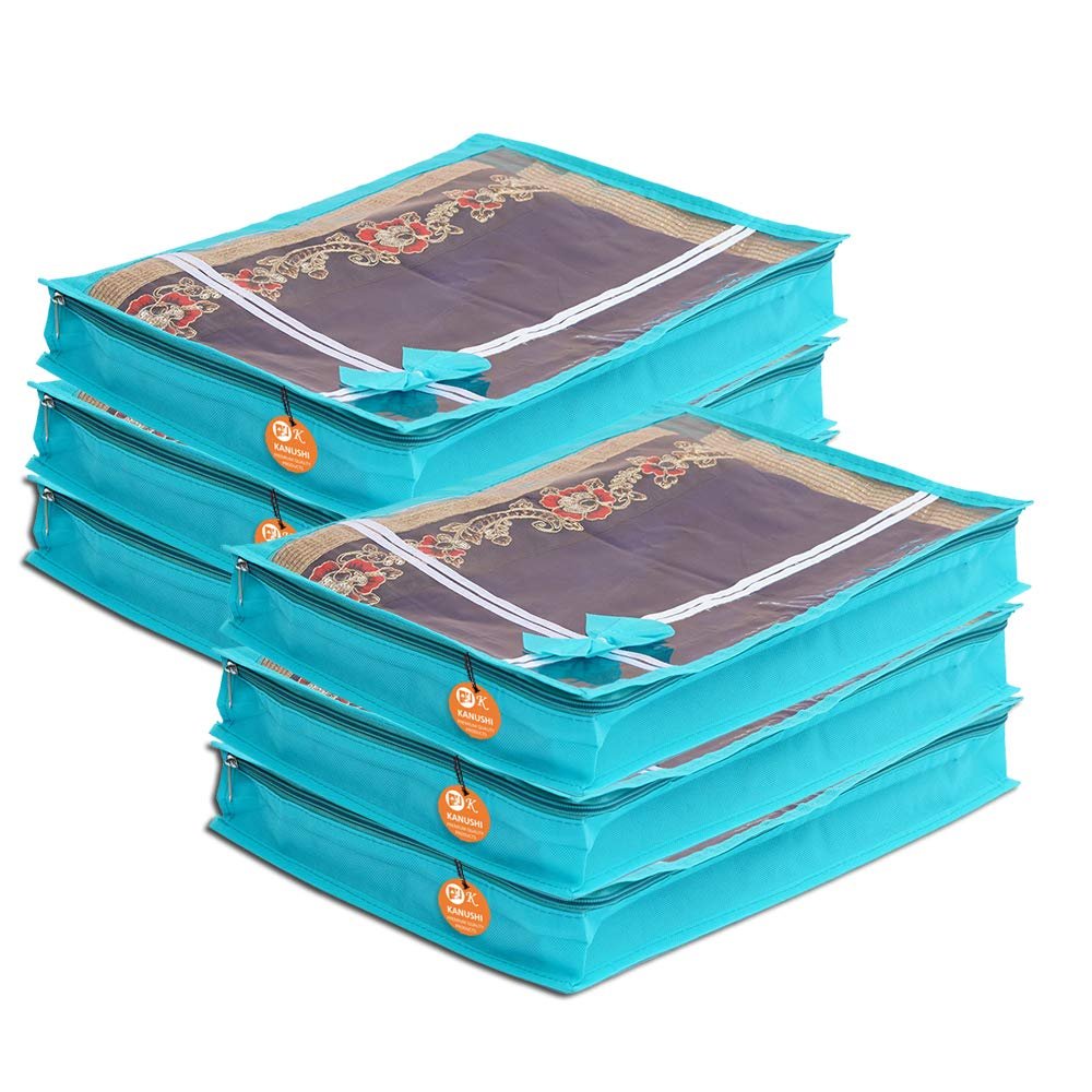 KANUSHI Set Of 6 Pc Flower Design Transparent Saree Cover/Bag with Stainless Steel Zip Lock Combo(Large) (Light Green)