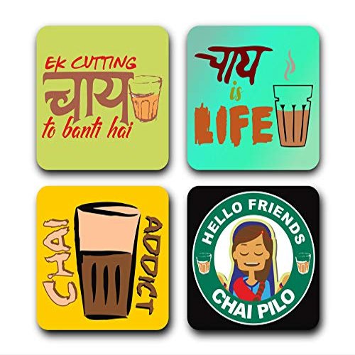 Presta Gifts Tea Coaster Set Chai Typography Printed, MDF Wood Material Coasters for Home and Kitchen, Office Table, Dining Table, Home Decor (3.5x3.5 inches, Set of 4)