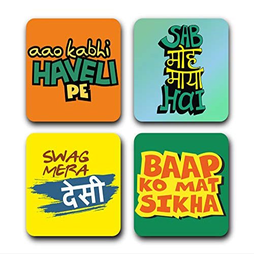 Presta Gifts Tea Coaster Set Desi Quotes Printed, MDF Wood Material Coasters for Home and Kitchen, Office Table, Dining Table, Home Decor (3.5x3.5 inches, Set of 4)