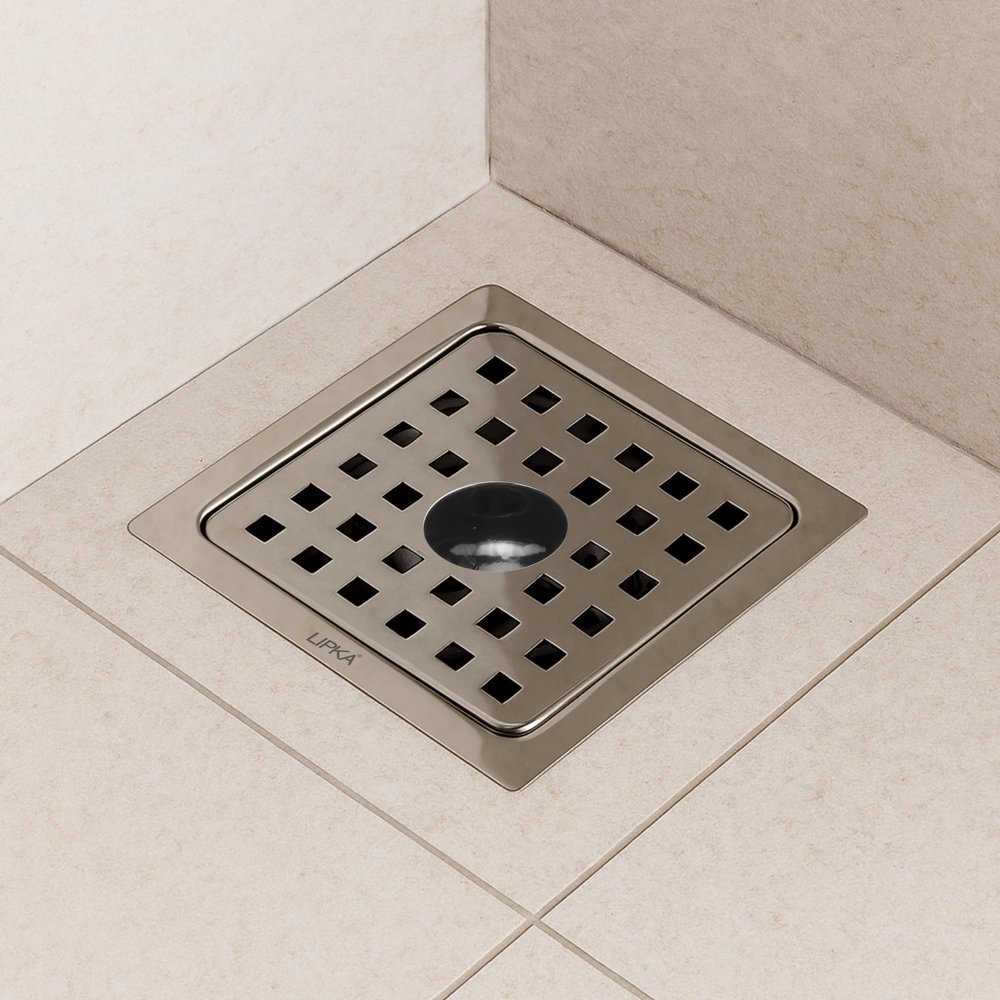 LIPKA 5 x 5 inches YU Square Premium Stainless Steel Floor Water Drain/Plain Floor Drain Jali for Bathroom/Grating Trap Plain Hole Drainer Cover with Lock for Bathroom and Kitchen Silver