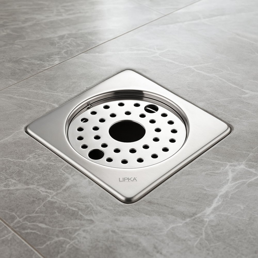 LIPKA Eon Square with Plain Jali Floor Drain |Premium Stainless Steel |5 x 5 Inches| with Lock & Hole|