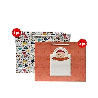 Flute Cubes Beautiful Animal & Baby Shower Printed Designer Gift Paper Bag for Festive, Wedding, Baby Shower(5 White & 5 Brown,Pack of 10)