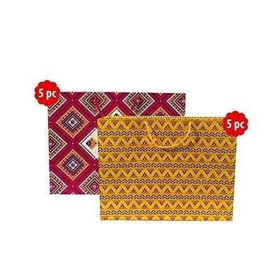 Flute Cubes Presents Beautiful Chunri Print with Yellow Designer Gift Paper Bag (Size- 17 inch x 13 inch x 5 inch) Pack of 10, Multi-Color