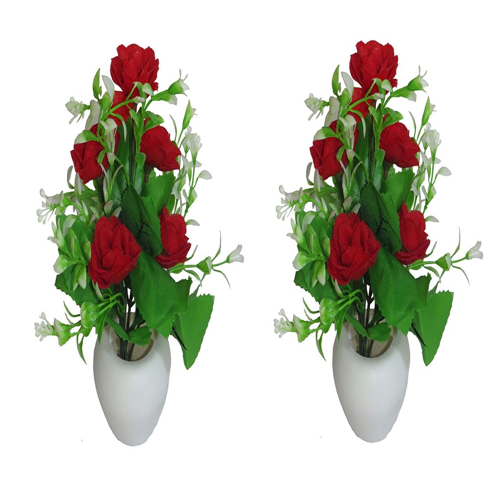 YSK Creation Emani Artificial Velvet Rose With White Pot For Home Decoration|Flower Pot For Home Decoration|Flower Pot With Artificial Flowers|Artificial Flower With Pot Combo Set of 2 (Red)